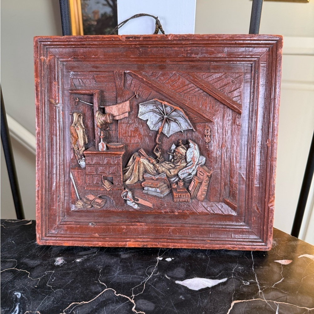 Antique 19th C. German Wax Relief Plaque "The Poor Poet" by Spitzweg Metallic